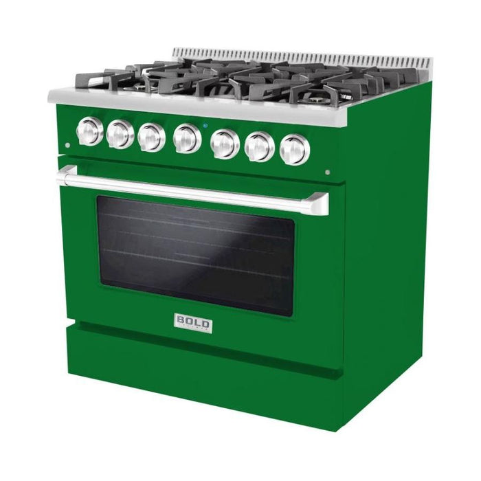 Hallman 36 In. Range with Gas Burners and Electric Oven, Emerald Green with Chrome Trim - Bold Series, HBRDF36CMGN