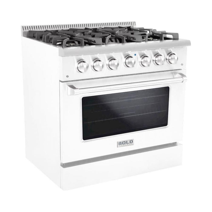 Hallman 36 In. Range with Gas Burners and Electric Oven, White with Chrome Trim - Bold Series, HBRDF36CMWT