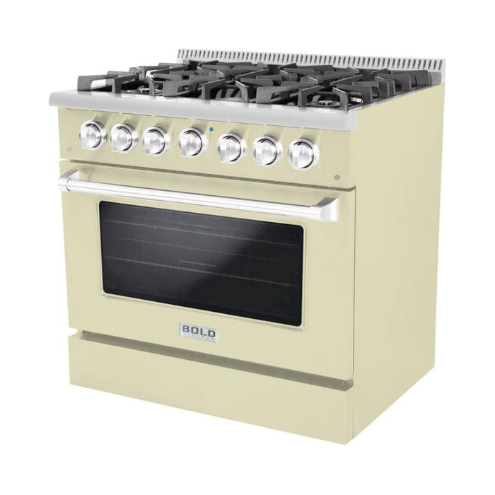 Hallman 36 In. Range with Propane Gas Burners and Electric Oven, Antique White with Chrome Trim - Bold Series, HBRDF36CMAW-LP