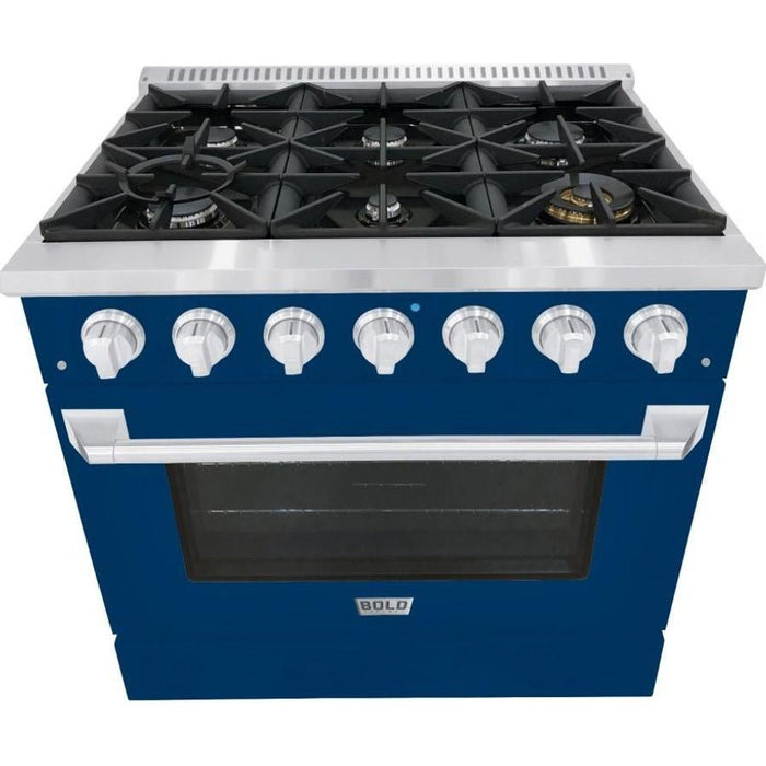 Hallman 36 In. Range with Propane Gas Burners and Electric Oven, Blue with Chrome Trim - Bold Series, HBRDF36CMBU-LP