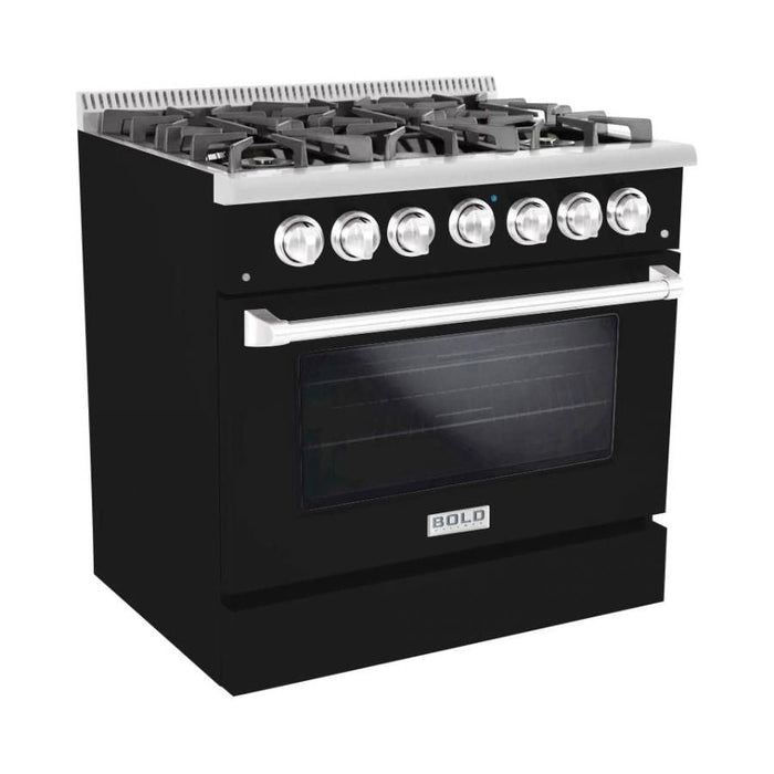 Hallman 36 In. Range with Propane Gas Burners and Electric Oven, Glossy Black with Chrome Trim - Bold Series, HBRDF36CMGB-LP