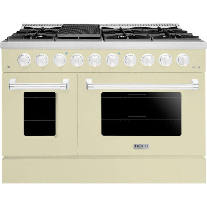 Hallman 48 In. Gas Range, Antique White with Chrome Trim - Bold Series, HBRG48CMAW