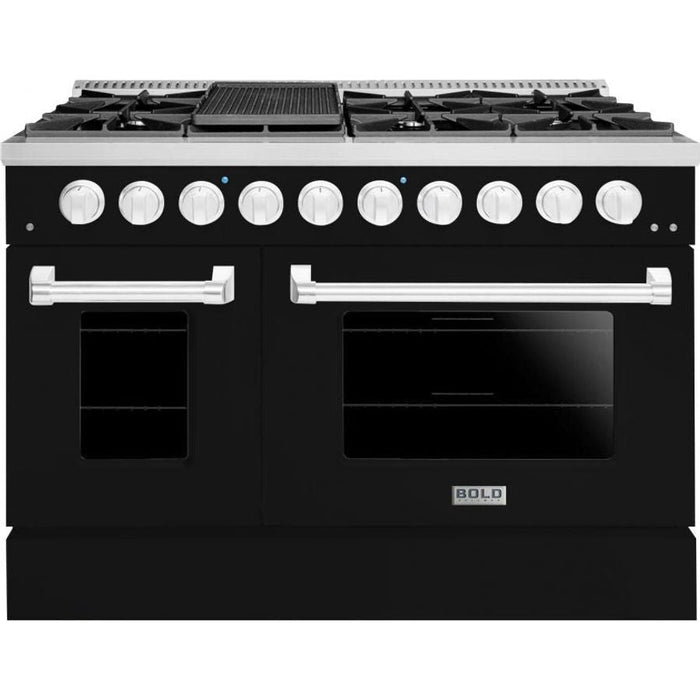 Hallman 48 In. Gas Range, Glossy Black with Chrome Trim - Bold Series, HBRG48CMGB