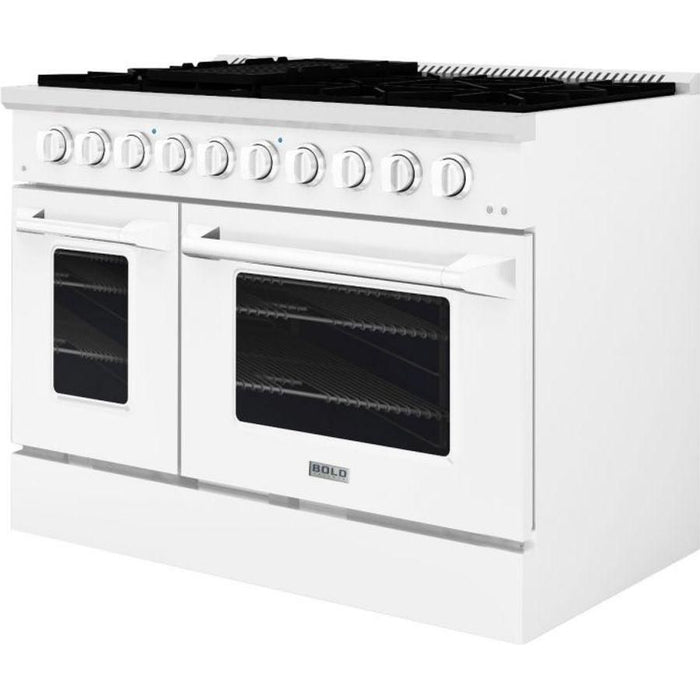 Hallman 48 In. Gas Range, White with Chrome Trim - Bold Series, HBRG48CMWT