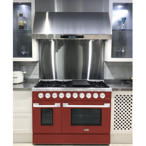 Hallman 48 In. Range with Gas Burners and Electric Oven, Burgundy with Chrome Trim - Bold Series, HBRDF48CMBG