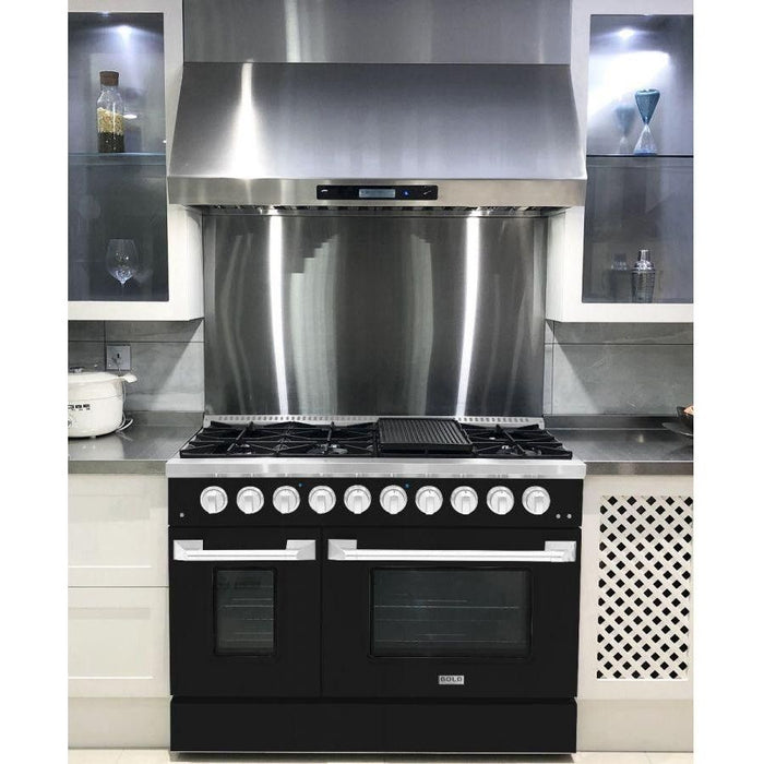 Hallman 48 In. Range with Gas Burners and Electric Oven, Glossy Black with Chrome Trim - Bold Series, HBRDF48CMGB