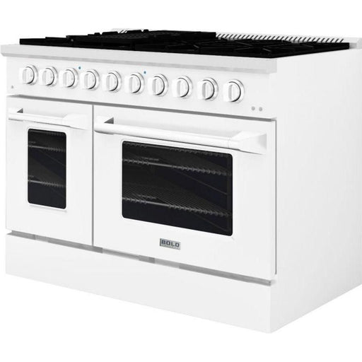 Hallman 48 In. Range with Gas Burners and Electric Oven, White with Chrome Trim - Bold Series, HBRDF48CMWT