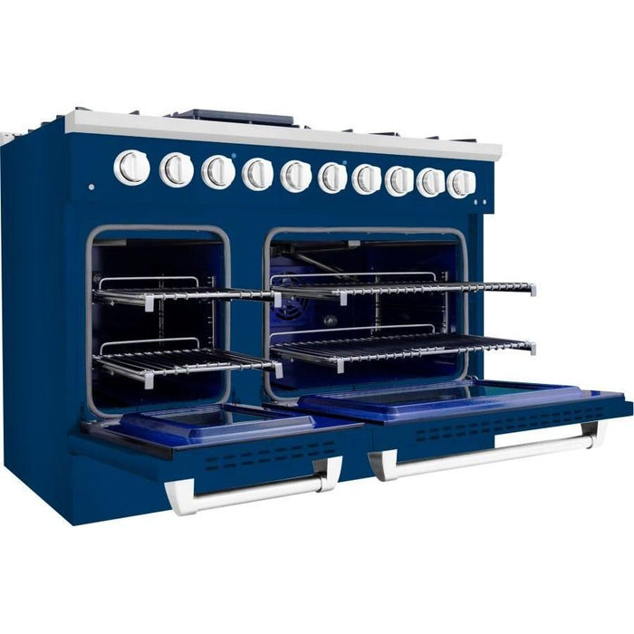 Hallman 48 In. Range with Propane Gas Burners and Electric Oven, Blue with Chrome Trim - Bold Series, HBRDF48CMBU-LP