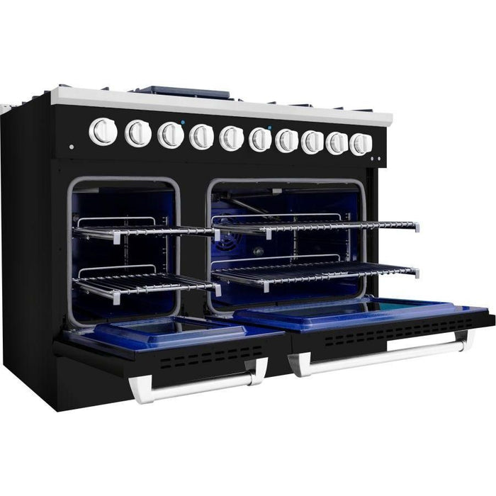 Hallman 48 In. Range with Propane Gas Burners and Electric Oven, Glossy Black with Chrome Trim - Bold Series, HBRDF48CMGB-LP