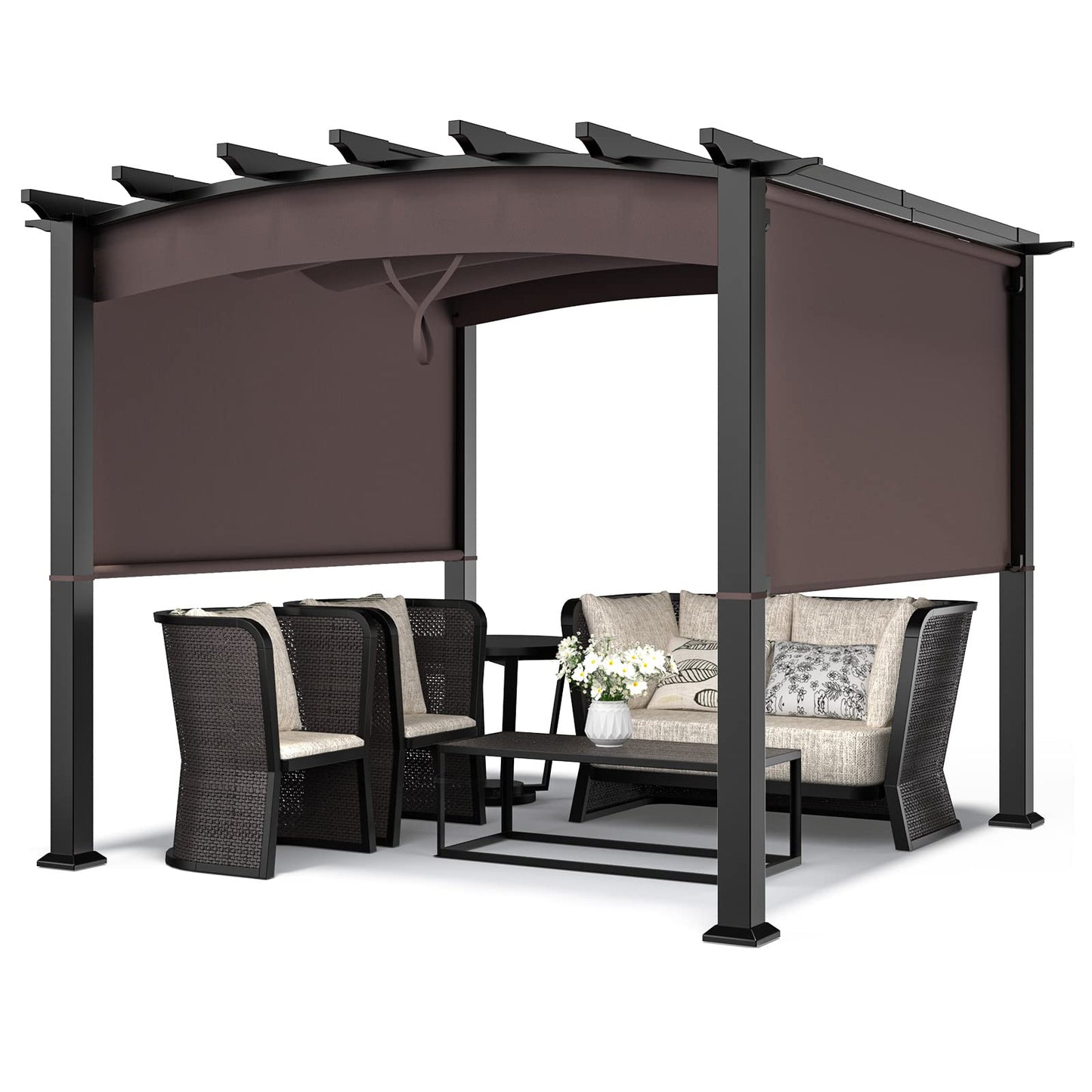 Tangkula 10ft x 10ft Outdoor Retractable Pergola, Patio Metal Pergola with Adjustable Sliding Sun Shade Canopy - NP10096WL-CF