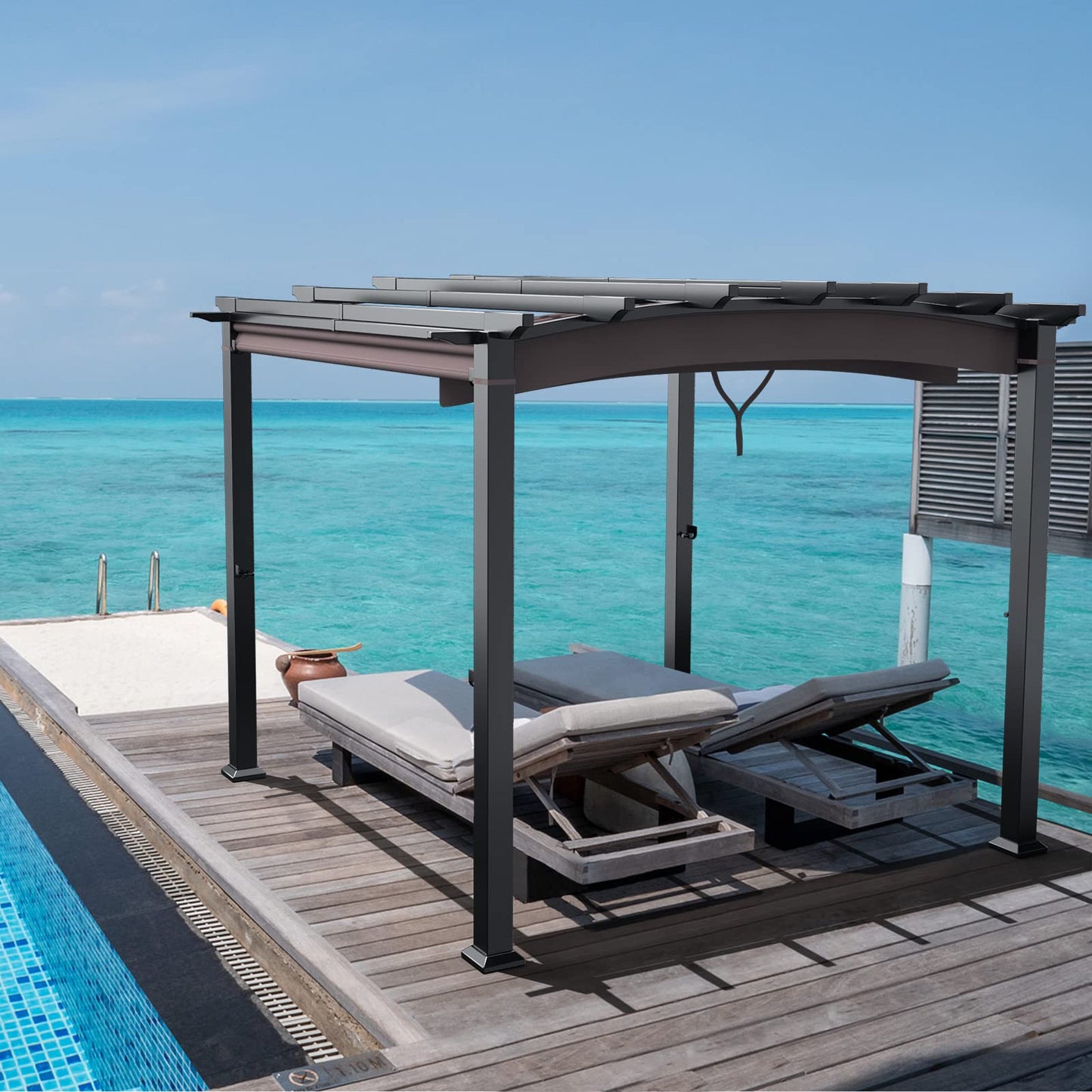 Tangkula 10ft x 10ft Outdoor Retractable Pergola, Patio Metal Pergola with Adjustable Sliding Sun Shade Canopy - NP10096WL-CF