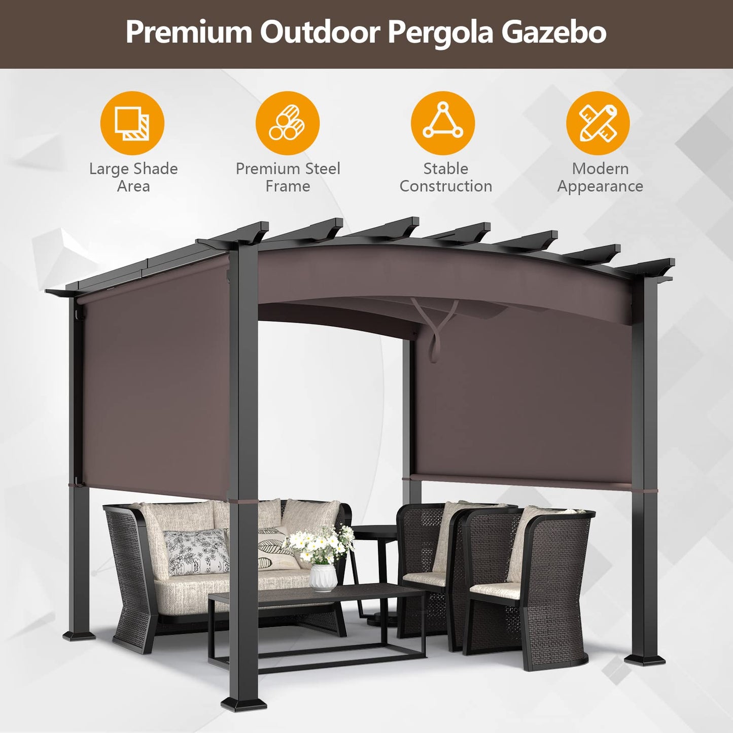 Tangkula 10ft x 10ft Outdoor Retractable Pergola, Patio Metal Pergola with Adjustable Sliding Sun Shade Canopy - NP10096WL-CF
