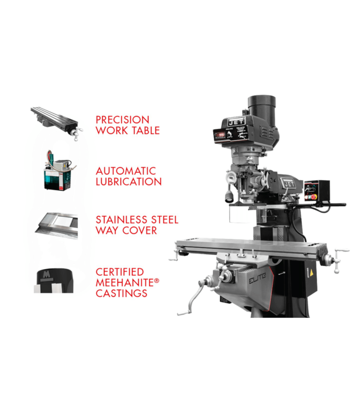 JET Elite EVS-949 Mill with 3-Axis ACU-RITE 303 (Knee) DRO and X-Axis JET Powerfeed - JT9-894345