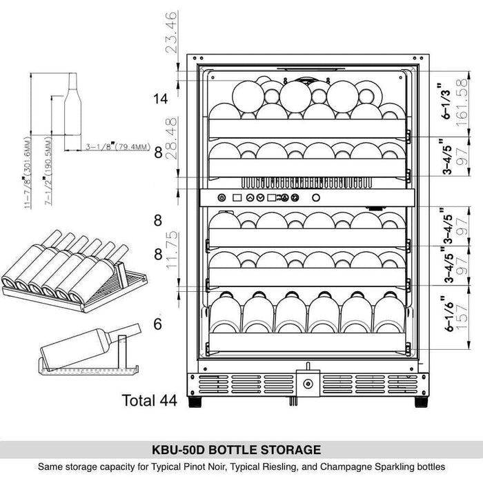 KingsBottle 24 In. Built-In/Under Counter Wine Cooler with Dual Zone Temperature Control