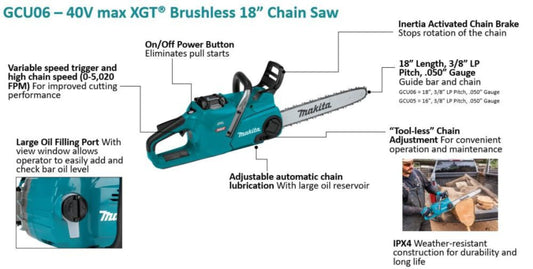 Makita (GCU06T1) 40V MAX XGT 18 In. 5.0Ah Chainsaw Kit - GCU06T1