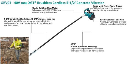 Makita (GRV01Z) 40V max XGT 5 1/2 ft Concrete Vibrator (Bare Tool) - GRV01Z