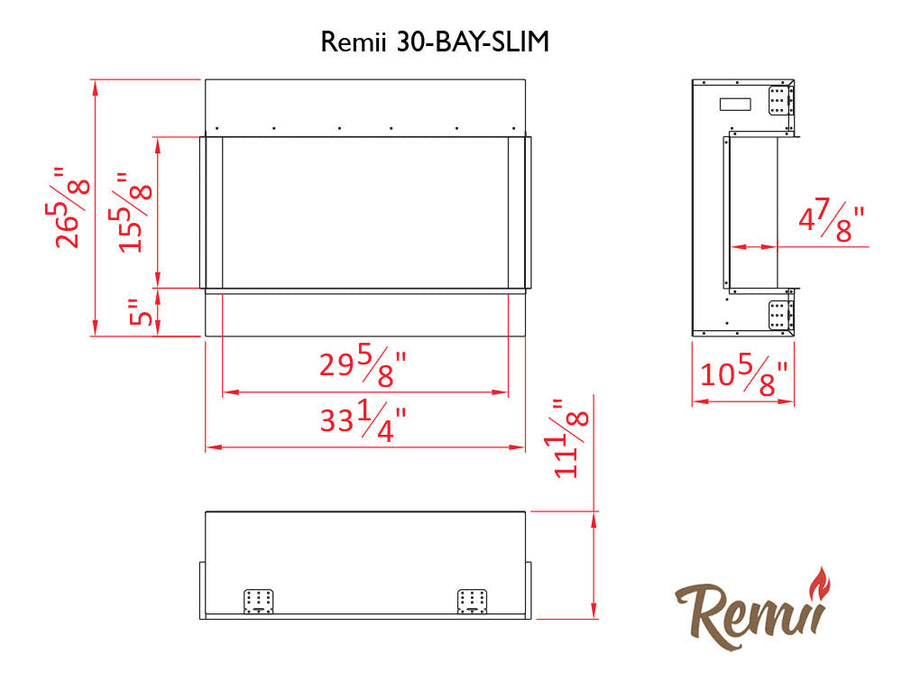 Remii 30” Bay Slim 3 Sided Black Electric Fireplace W/ LED Lamps