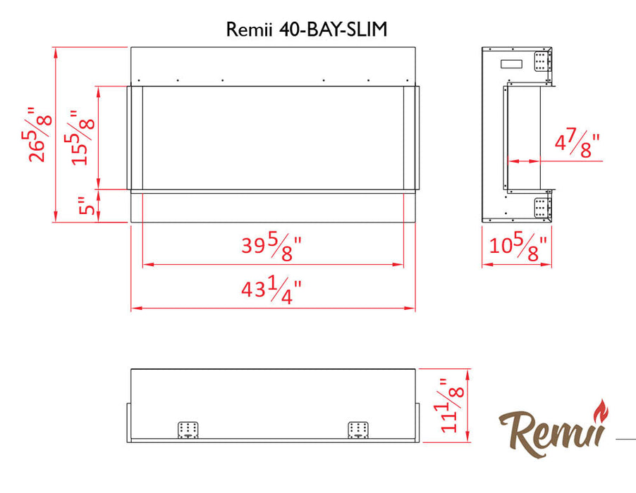 Remii 40” Bay Slim 3 Sided Black Electric Fireplace W/ LED Lamps