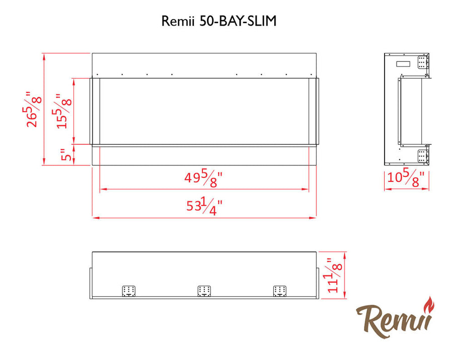 Remii 50” Bay Slim 3 Sided Black Electric Fireplace W/ LED Lamps