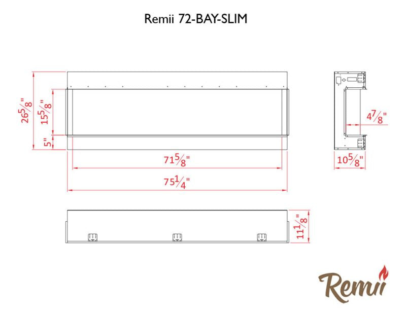 Remii 72” Bay Slim 3 Sided Black Electric Fireplace W/ LED Lamps