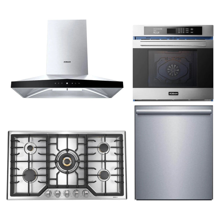 Robam 4-Piece Appliance Package - 36-Inch 5 Burners Gas Cooktop, Wall Mounted Range Hood, Dishwasher and Wall Oven in Stainless Steel