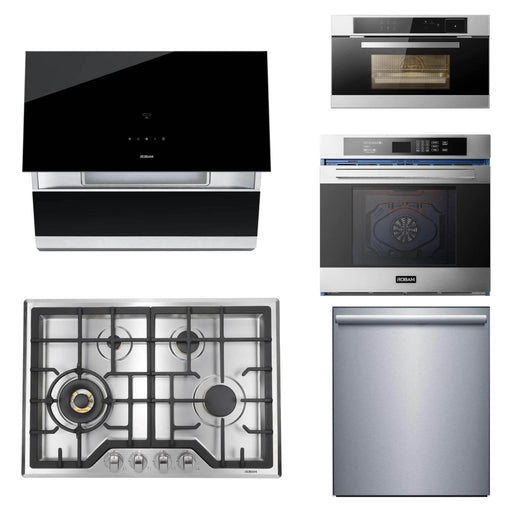 Robam 5-Piece Appliance Package - 30-Inch 4 Burners Gas Cooktop, Under Cabinet/Wall Mounted Range Hood, Dishwasher, Wall Oven, and Steam Combi Oven in Stainless Steel