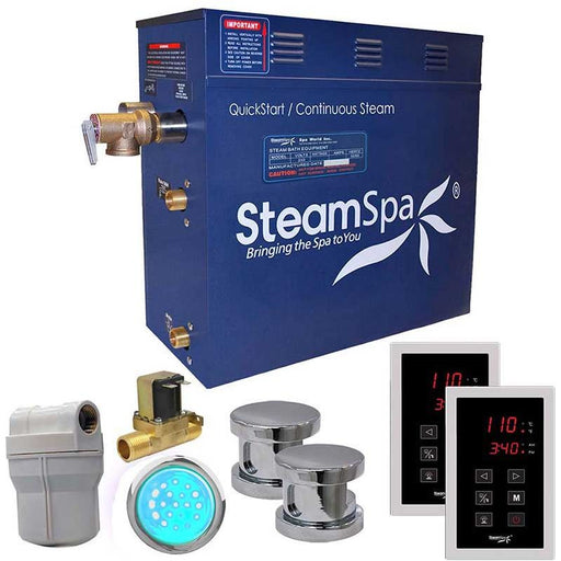 SteamSpa Royal 12 KW QuickStart Acu-Steam Bath Generator Package with Built-in Auto Drain in Polished Chrome