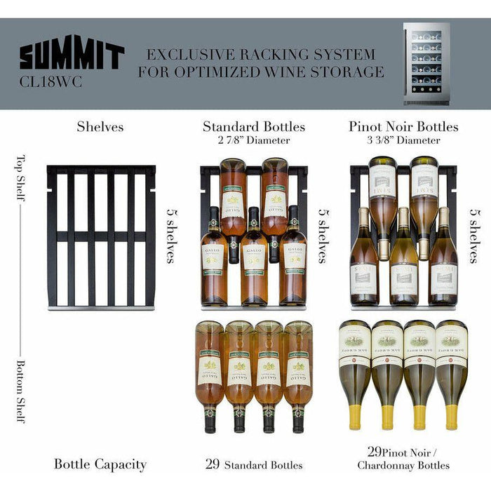 Summit 18 in. Wide Built-In Wine Cellar with 29 Bottle Capacity, Glass Door, Extension Wine Racks, LED Light, Digital Thermostat - CL18WC