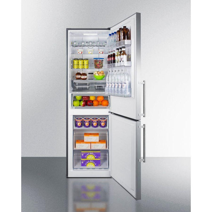 Summit 24 in. Wide Bottom Freezer Refrigerator with 10.6 cu. ft. Total Capacity, 3.5 cu. ft. Freezer Capacity, 3 Glass Shelves, Crisper Drawer, Right Hinge, Frost Free Defrost, Energy Star Certified, Adjustable Glass Shelves - FFBF249SS2