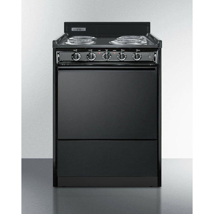 Summit 24 in. Wide Electric Coil Range with 4 Coil Elements, 2.92 cu. ft. Capacity, Chrome Drip Pans and Storage Compartment in Black - TEM610C