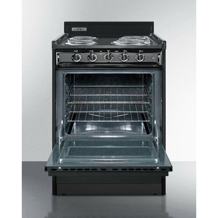 Summit 24 in. Wide Electric Coil Range with 4 Coil Elements, 2.92 cu. ft. Capacity, Chrome Drip Pans and Storage Compartment in Black - TEM610C