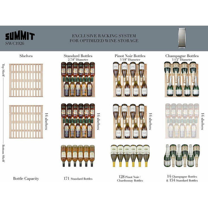 Summit 24 in. Wide Wine Cellar with 171 Bottles Bottle Capacity, Right Hinge, Glass Door, With Lock, 15 Extension Wine Racks, Digital Control, LED Light, Compressor Cooling, Star-K Certification, Automatic Defrost, Digital Thermostat - SWC1926