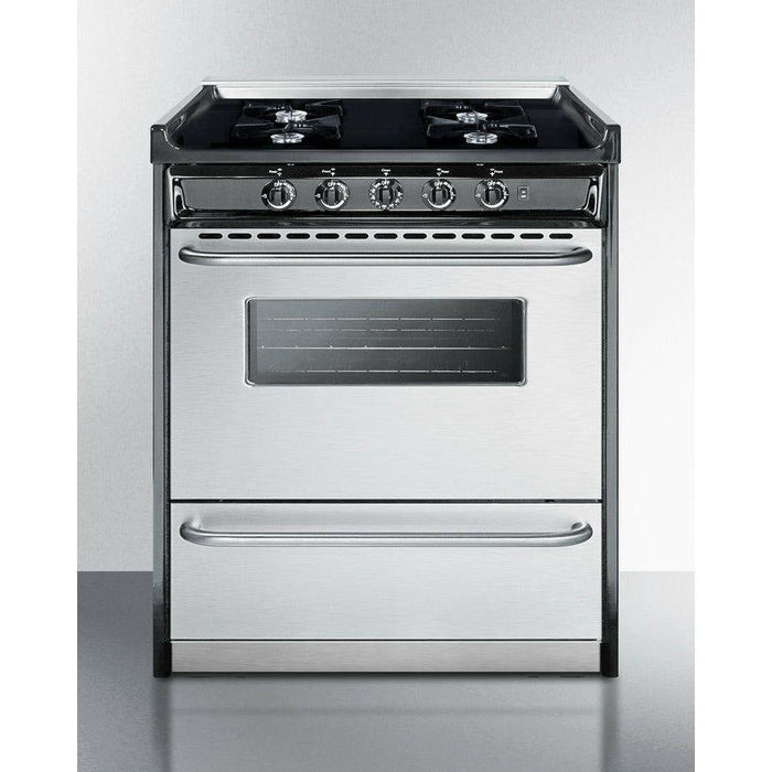 Summit 30 in. Wide Gas Range, Open Burners with Natural Gas, 4 Open Burners, 3.69 cu. ft. Total Oven Capacity, Viewing Window, Broiler Drawer - TNM2