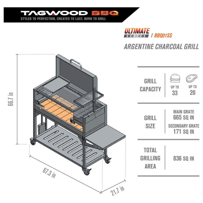 Tagwood BBQ Argentine Santa Maria Wood Fire & Charcoal Grill with Top Lid BBQ01SS