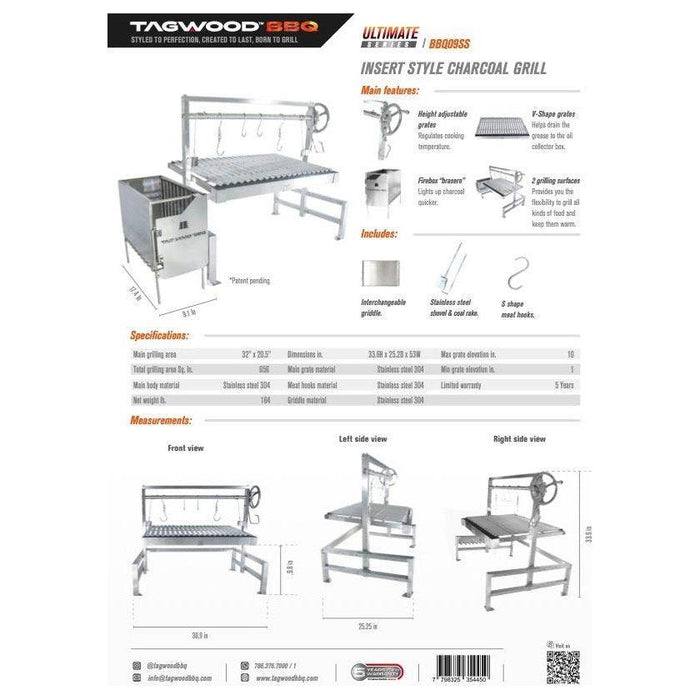 Tagwood BBQ Insert Style Argentine Santa Maria Wood Fire & Charcoal Grill without firebricks BBQ09SS