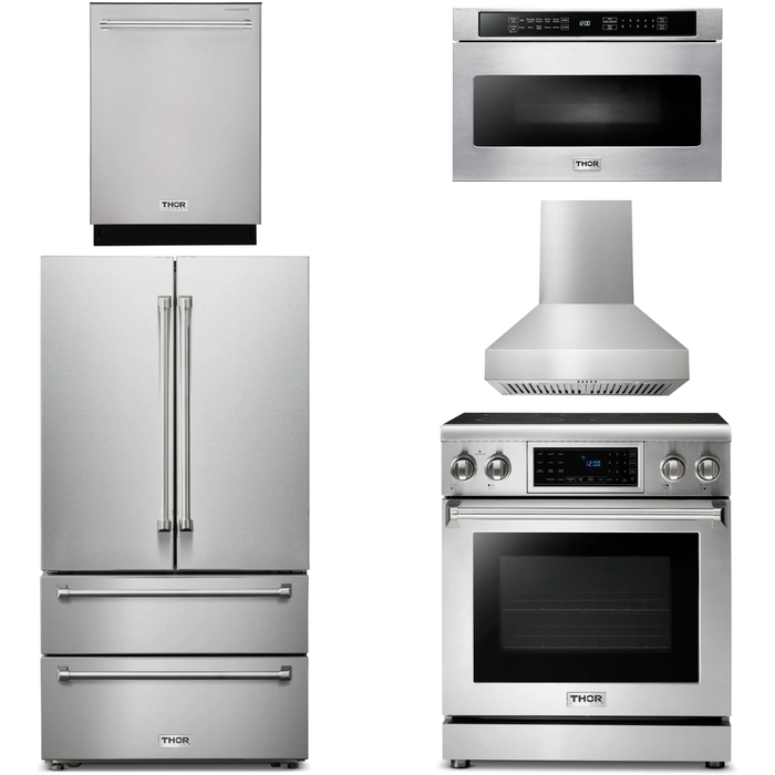 Thor Kitchen 30 In. Electric Range, Range Hood, Microwave Drawer, Refrigerator, Dishwasher Appliance Package