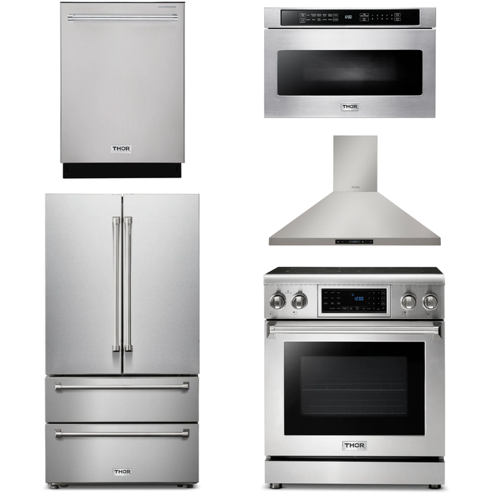 Thor Kitchen 30 In. Electric Range, Range Hood, Microwave Drawer, Refrigerator, Dishwasher Appliance Package