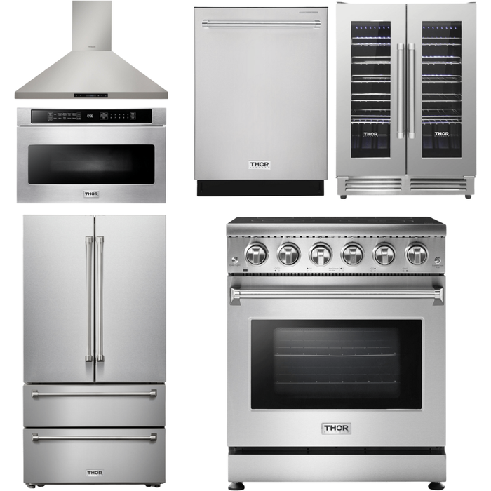 Thor Kitchen 30 In. Electric Range, Range Hood, Microwave Drawer, Refrigerator, Dishwasher, Wine Cooler Appliance Package