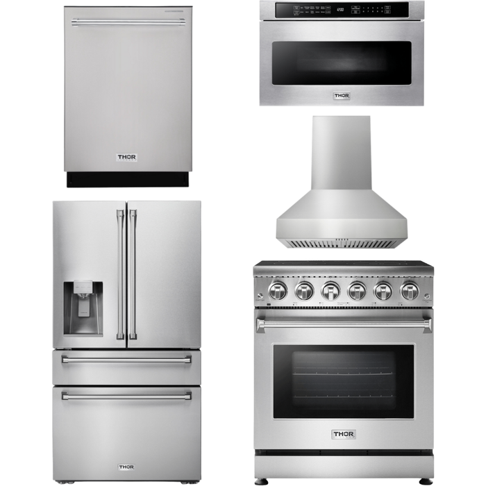 Thor Kitchen 30 In. Electric Range, Range Hood, Microwave Drawer, Refrigerator with Water and Ice Dispenser, Dishwasher Appliance Package