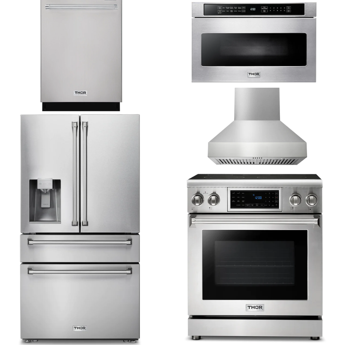 Thor Kitchen 30 In. Electric Range, Range Hood, Microwave Drawer, Refrigerator with Water and Ice Dispenser, Dishwasher Appliance Package