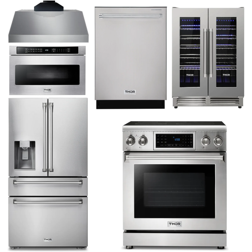 Thor Kitchen 30 In. Electric Range, Range Hood, Microwave Drawer, Refrigerator with Water and Ice Dispenser, Dishwasher, Wine Cooler Appliance Package