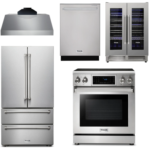 Thor Kitchen 30 In. Electric Range, Range Hood, Refrigerator, Dishwasher, Wine Cooler Appliance Package