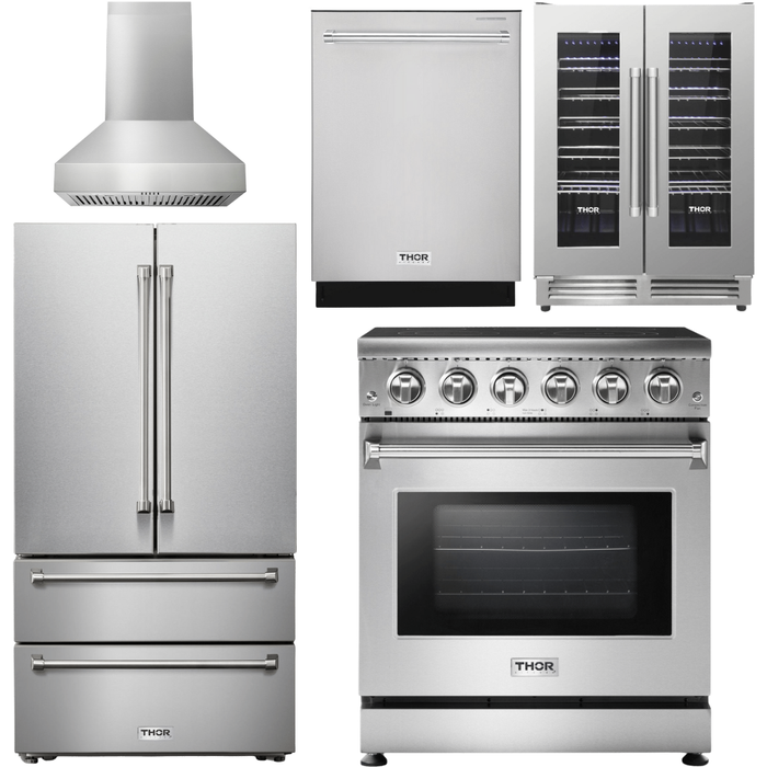 Thor Kitchen 30 In. Electric Range, Range Hood, Refrigerator, Dishwasher, Wine Cooler Appliance Package