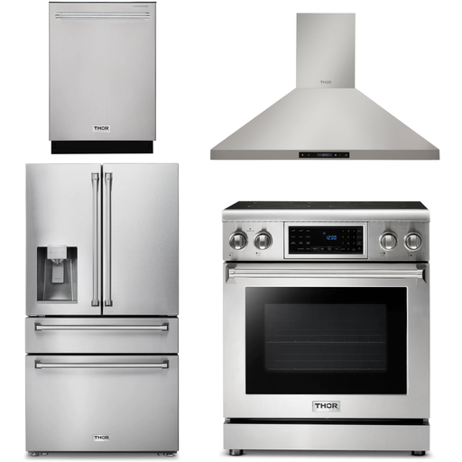 Thor Kitchen 30 In. Electric Range, Range Hood, Refrigerator with Water and Ice Dispenser, Dishwasher Appliance Package