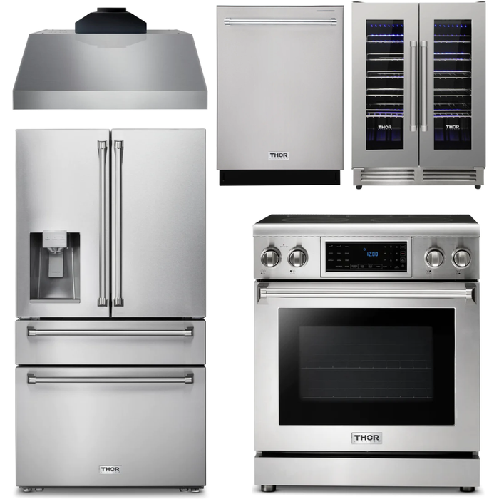 Thor Kitchen 30 In. Electric Range, Range Hood, Refrigerator with Water and Ice Dispenser, Dishwasher, Wine Cooler Appliance Package