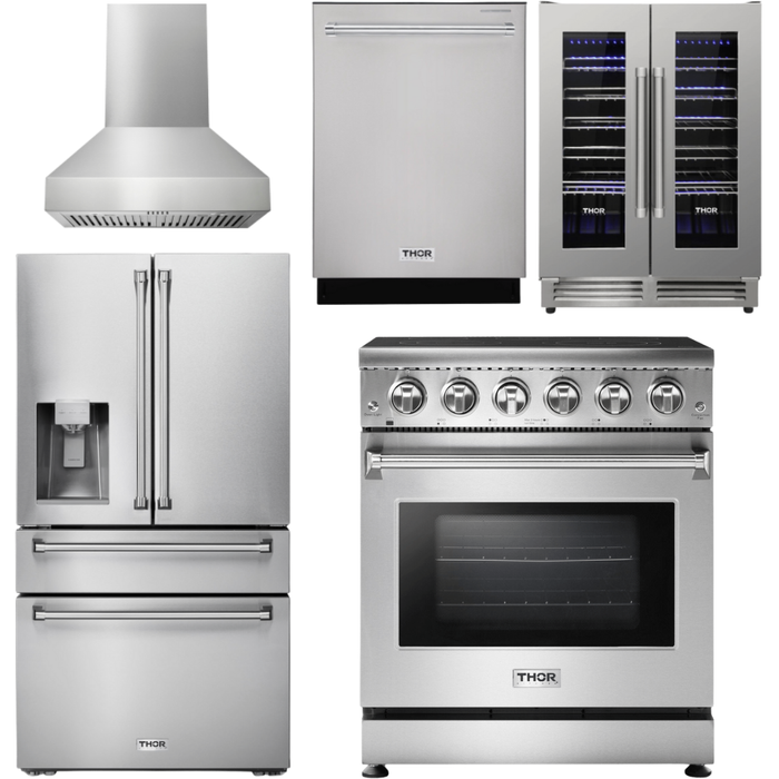 Thor Kitchen 30 In. Electric Range, Range Hood, Refrigerator with Water and Ice Dispenser, Dishwasher, Wine Cooler Appliance Package