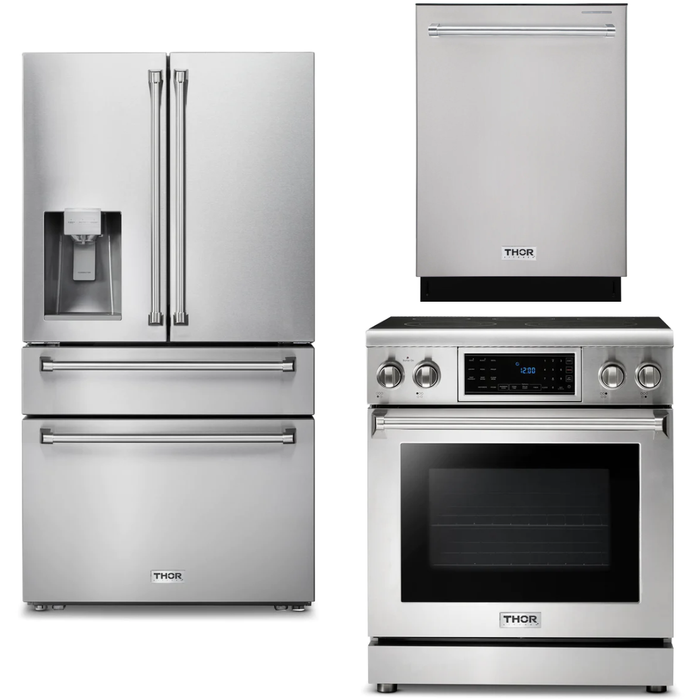 Thor Kitchen 30 In. Electric Range, Refrigerator with Water and Ice Dispenser, Dishwasher Appliance Package