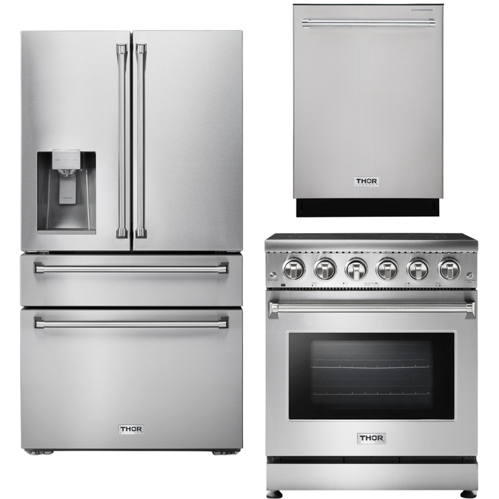 Thor Kitchen 30 In. Electric Range, Refrigerator with Water and Ice Maker, Dishwasher Appliance Package