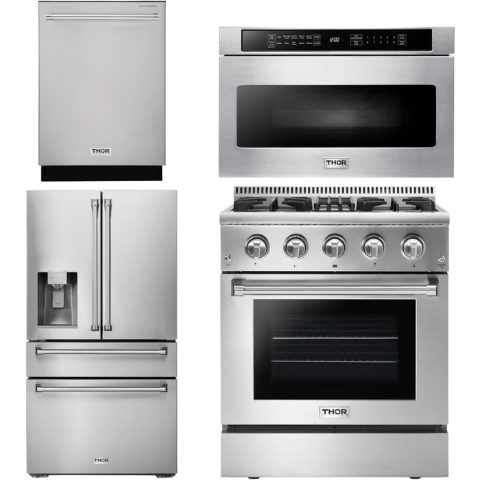 Thor Kitchen 30 in. Gas Burner/Electric Oven Range, Microwave Drawer, Refrigerator with Water and Ice Dispenser, Dishwasher Appliance Package