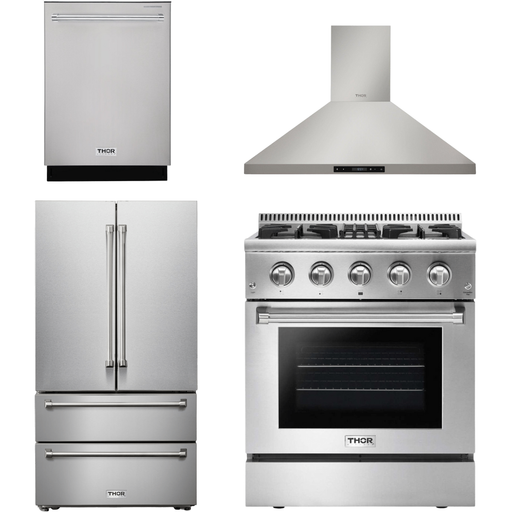 Thor Kitchen 30 In. Gas Burner/Electric Oven Range, Range Hood, Refrigerator, Dishwasher Appliance Package